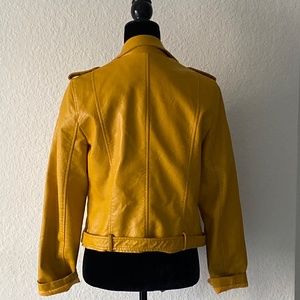 Mustard yellow faux leather biker jacket cropped